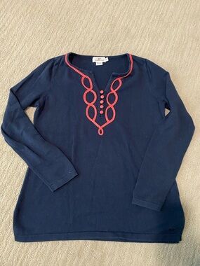 Vineyard Vines Navy Long Sleeve Top with Coral Trim